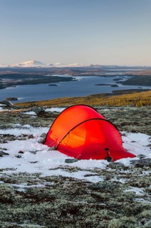 Tent in mountain landscape, Sarek National Park, World Heritage Laponia, Norrbotten, Lapland,