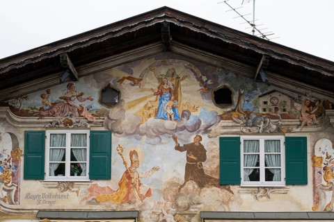 House gable with Lüftlmalerei, Garmisch, Garmisch-Partenkirchen, Upper Bavaria, Bavaria, Germany,