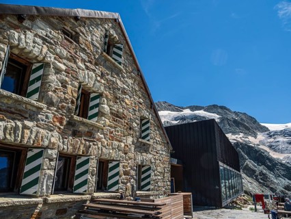 Mountain hut Cabane de Moiry, located close to the retreating Moiry glacier, Valais, Switzerland,