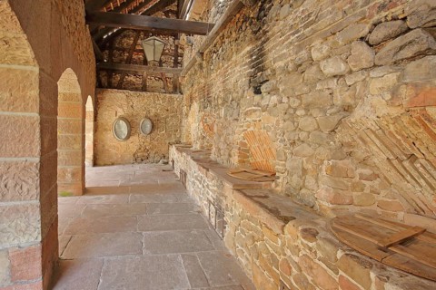 Interior view of the historic Wäschkuchi, water house, laundry room, washroom, wooden construction,