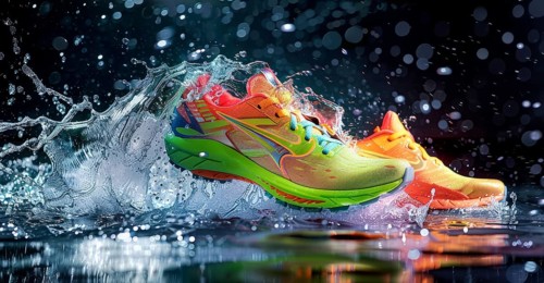 Colorful running shoes in splashes water. Shoes are bright. Water adds sense of energy to scene, AI