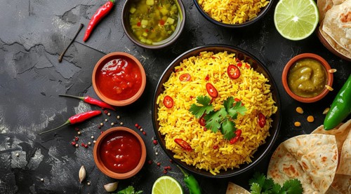 Healthy mexican food. Yellow rice with chili and sauces. Flat lay view., AI generated