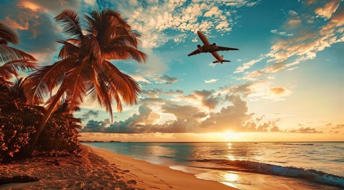 Concept of readiness for travel. Plane flying over sunset beach ocean shore., AI generated