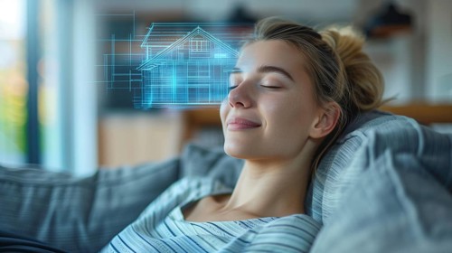 Smiling young woman daydreaming on her couch visualizing a new house. generative AI., AI generated
