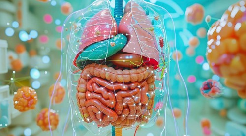 Person internal organs, stomach and intestines anatomy. Gastroenterology concept close up, AI
