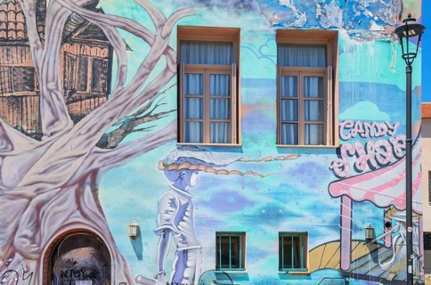 Old house painted with murals, Petychakis square, Rethymno, Crete, Greek Islands, Greece, Europe