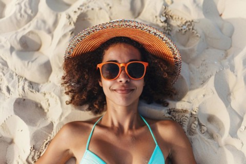 Young happy black woman with summer straw hat, sunglasses and swimwear lying in sand on beach. KI