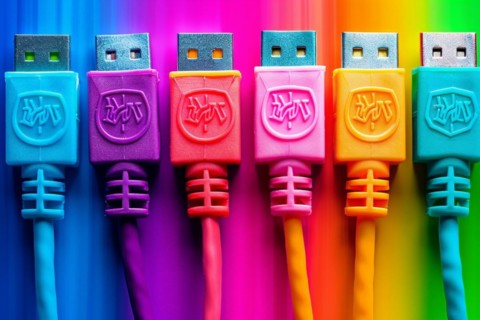 USB plugs lined up in different colours, AI generated, AI generated, AI generated