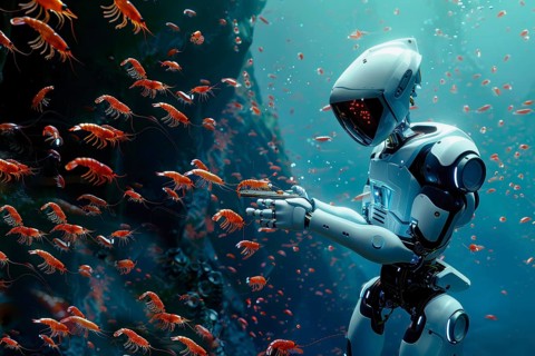 Robot studying swarm of shrimps in a deep sea canyon with hydrothermal vents, AI generated
