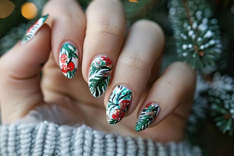 Woman's fingernails with red, green and white colored nail polish with seasonal Christmas design.