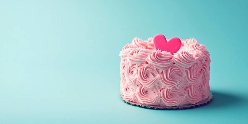 Pink cream cake with heart on pastel blue background with copy space. Generative Ai, AI generated