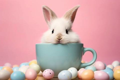 Cute small bunny in blue tea cup with Easter eggs on pink background. KI generiert, generiert AI