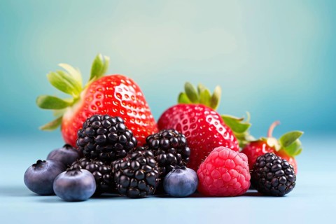 Mix of strawberry, blueberry, raspberry and blackberry fruits on blue background. KI generiert,