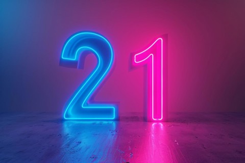 Neon pink and blue glowing number 21. Generative AI, AI generated