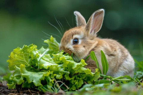 Cute baby rabbit eating salad in garden. KI generiert, generiert, AI generated