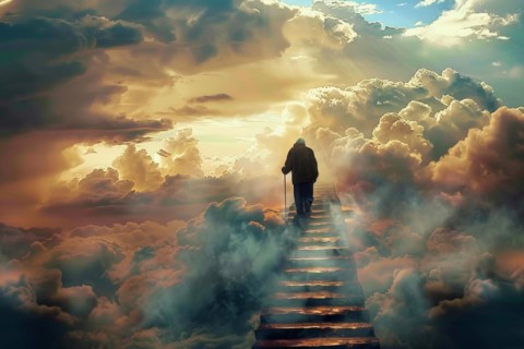 An old man ascends to heaven on a staircase, symbolising death, mourning, the afterlife,