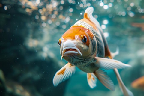 Close up of orange and white Koi carp swimming in water. KI generiert, generiert, AI generated