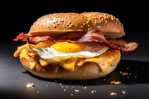 Bagel with bacon and fried egg on dark background. KI generiert, generiert, AI generated