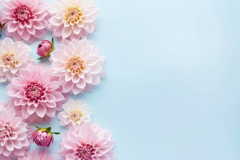Top view of Dahlie flowers on blue background with copy space. KI generiert, generiert AI generated