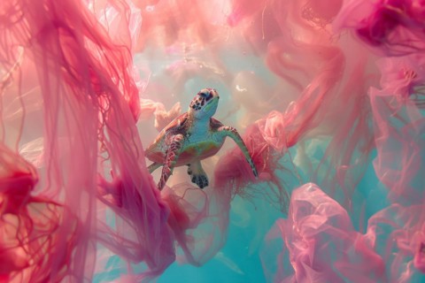 A sea turtle, hawksbill turtle dives among plastic waste, symbolic image for endangered species,