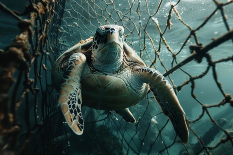 A sea turtle, hawksbill turtle caught in a fishing net, symbolic image for endangered species,