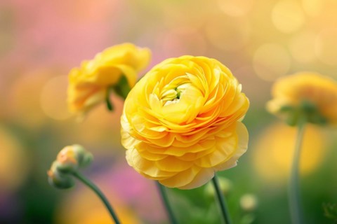 Yellow Ranunculus flowers on blurry background. KI generiert, generiert, AI generated