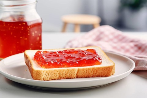 Slice of toast bread with red straberry jam or marmelade. KI generiert, generiert AI generated