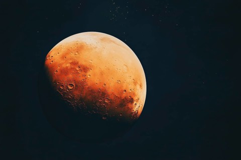 Red planet Mars in black sky. Generative Ai, AI generated