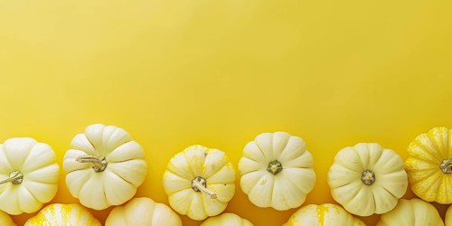 Banner with small yellow pumpkins on yellow background with copy space. Generative Ai, AI generated