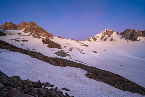 High alpine mountain landscape at sunset, Glacier du Tour, glacier and mountain peak, summit of the
