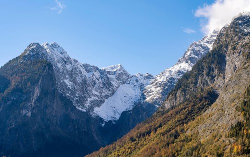 Snow-covered Watzmann massif, autumnal mountain landscape, Berchtesgaden National Park,