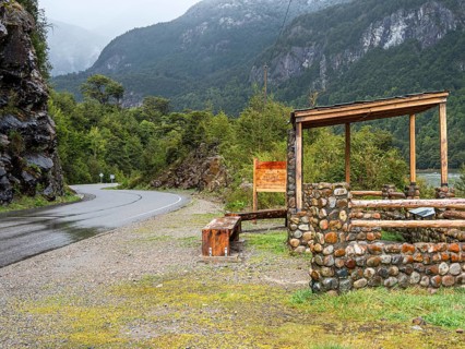 Road Carretera Austral along river Rio Cisnes, viewpoint mirador El Lobo, Patagonia, Chile, South