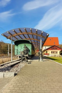 Durlesbach railway station, opened in 1849 and decommissioned in 1984, railway monument, railway