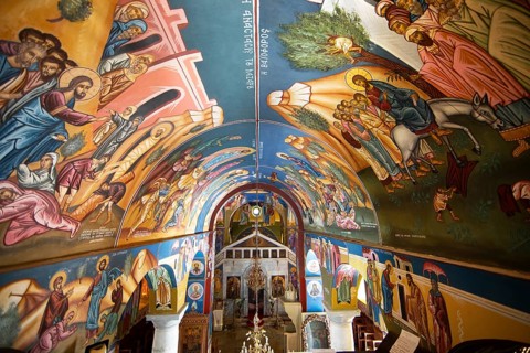 Colourful frescoes of Christ on the ceiling of a 200-year-old church in Lagia, Mani, Laconia,