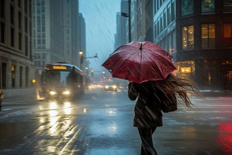 Back view of woman with umbrella during storm in city street. Generative Ai, AI generated