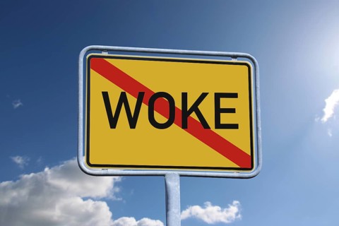 Woke symbol image: The crossed-out term WOKE on a town exit sign (Composing)