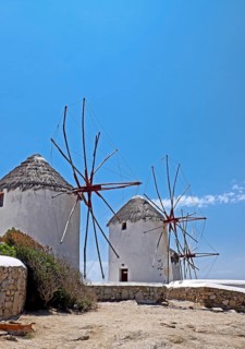 The windmills, the landmark of Mykonos, Cyclades island, Greece, Europe