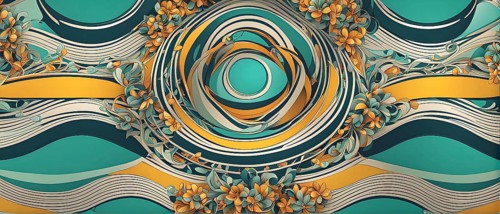 A whimsical abstract pattern with intertwined ribbons, eggs, and floral motifs, with a mix of sharp