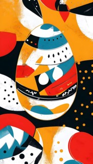 Illustration of an abstract Easter egg design with geometric patterns, bold colors, and a mix of