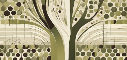 Abstract geometric tree with a circular canopy and a rectangular trunk, arranged in a clean,