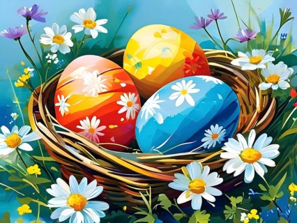 Illustration of of vibrant colored Easter eggs in a wicker basket, surrounded by delicate spring