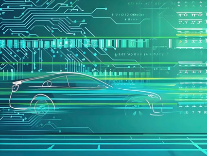 Sport car silhouette with vibrant green dynamic lines showing motion, surrounded by data streams,
