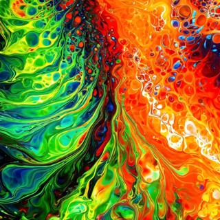 Dynamic abstract background with swirling liquid patterns and colorful light refraction, creating a