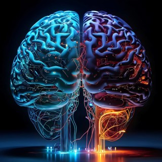 Abstract brain split into two halves, one side athletic motion, the other side neural network,