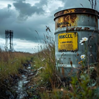 Representation of illegal nuclear waste barrel leaking radioactive material, AI generated