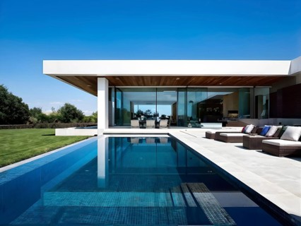 3d render of a modern sustainable house with a swimming pool, AI generated