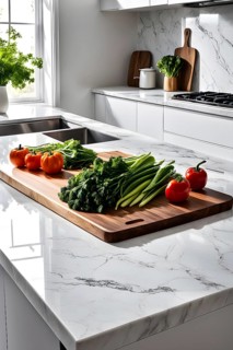 Minimalist kitchen with sleek, white cabinetry and a marble countertop, featuring a single wooden