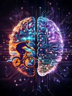 Abstract brain split into two halves, one side athletic motion, the other side neural network,