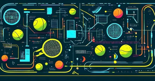 Vibrant mix of abstract circuitry intertwined with tennis balls, representing AI role in