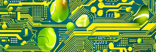 Vibrant mix of abstract circuitry intertwined with tennis balls, representing AI role in